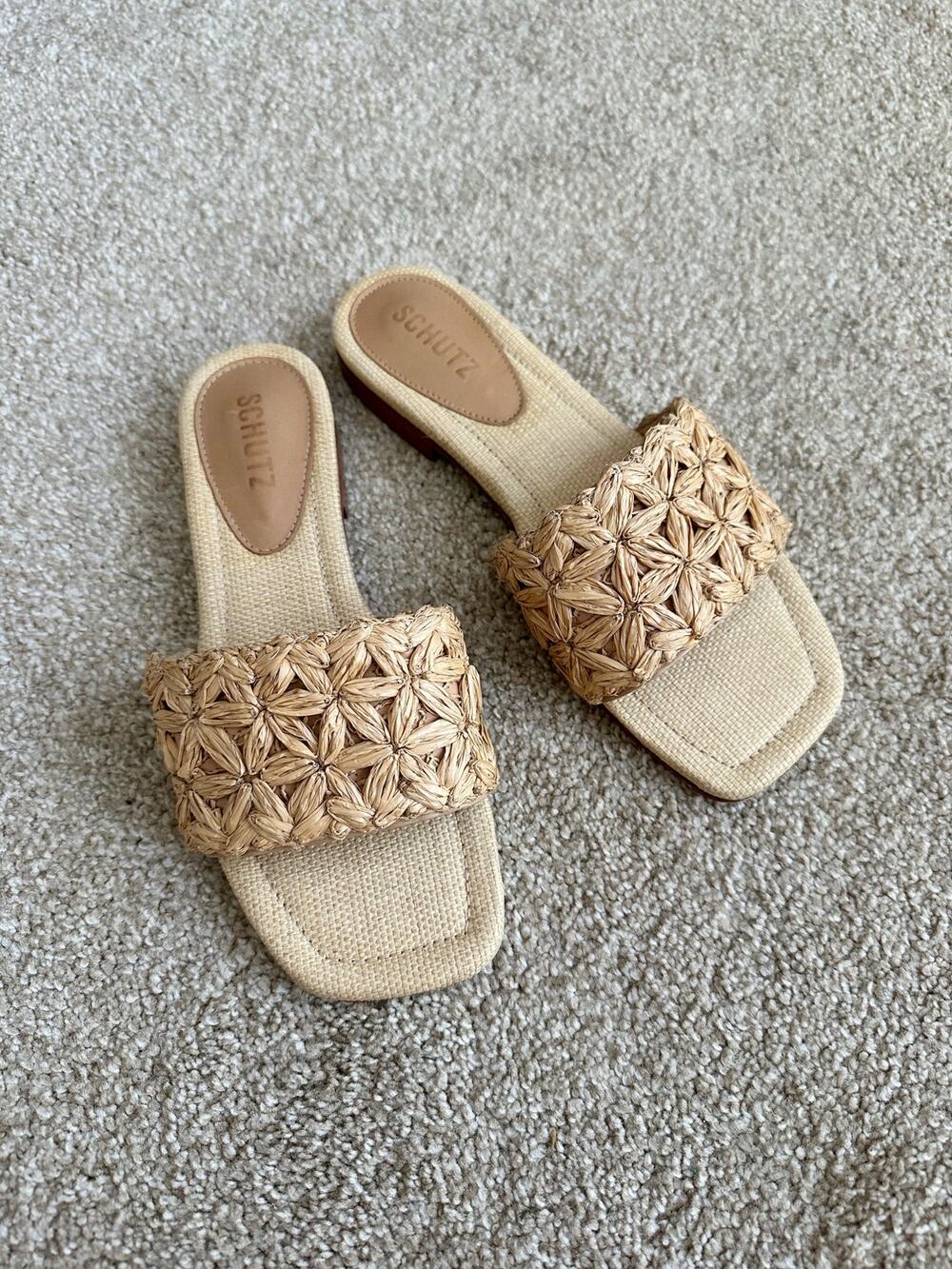 Schutz Ayla Woven Slip On Raffia Square Toe Slides Size 7.5